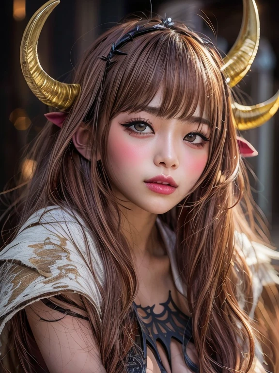 8k,Best Quality, masterpiece, Super detailed,  ultra high resolution ,  photorealistic,  RAW Photos, Absurd, Full resolution ,  1 girl, Alone, upper body shot,  , It's on , Super cute face, Attractive appearance,  big breasts at the temple ,  long bob hair  ,smile,(Devil Costume, Headdress with horns, Bat Wings:1.3), Fantasy world castle,Glossy lips,   double eyelids in both eyes  ,   natural makeup,  Long eyelashes, shiny smooth light brown  long bob hair ,   asymmetrical bangs , shiny skin, Center image,  high definition, High detail, Detailed hairstyle,   detail face  ,  STUNNING CINEMATIC LIGHTING  ,  octane rendering, Vibrant, Surreal, Perfect body,  COMPLETE ANATOMY, Shen