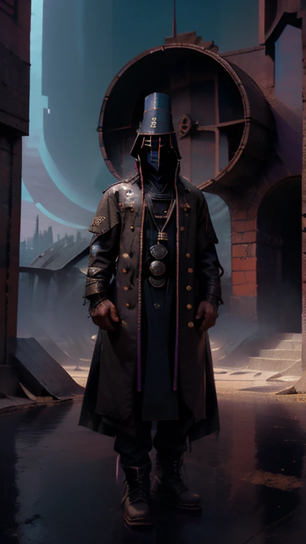 demon hunter, equipped with two pistols, with a large hat that partially covers his face, a masculine and battle-hardened man, wearing a long black trench coat, symbols of protection all over his body, purple glasses, pendants on his neck, rosary religious, ruthless and professional, work boots and an old watch in a pocket, in the background a city with a bell tower where the bells ring, dark atmosphere, 3d illustration, high quality, realistic and highly detailed, a masterpiece,Physically based representation，sosteniendo el arma con ambas manos，apuntar a ti