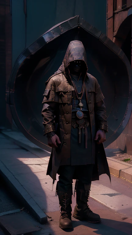 demon hunter, equipped with two pistols, with a large hat that partially covers his face, a masculine and battle-hardened man, wearing a long black trench coat, symbols of protection all over his body, purple glasses, pendants on his neck, rosary religious, ruthless and professional, work boots and an old watch in a pocket, in the background a city with a bell tower where the bells ring, dark atmosphere, 3d illustration, high quality, realistic and highly detailed, a masterpiece,Physically based representation，sosteniendo el arma con ambas manos，apuntar a ti