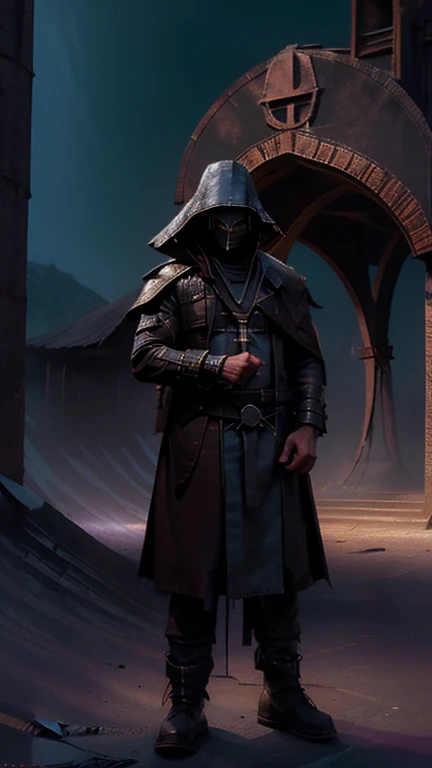 demon hunter, equipped with two pistols, with a large hat that partially covers his face, a masculine and battle-hardened man, wearing a long black trench coat, symbols of protection all over his body, purple glasses, pendants on his neck, rosary religious, ruthless and professional, work boots and an old watch in a pocket, in the background a city with a bell tower where the bells ring, dark atmosphere, 3d illustration, high quality, realistic and highly detailed, a masterpiece,Physically based representation，sosteniendo el arma con ambas manos，apuntar a ti