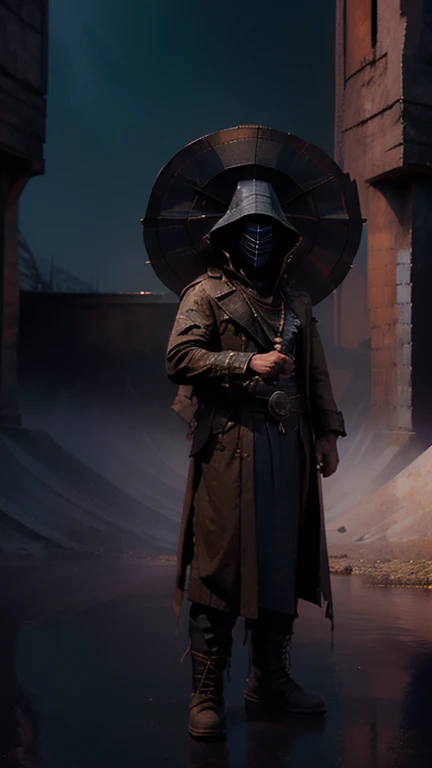 demon hunter, equipped with two pistols, with a large hat that partially covers his face, a masculine and battle-hardened man, wearing a long black trench coat, symbols of protection all over his body, purple glasses, pendants on his neck, rosary religious, ruthless and professional, work boots and an old watch in a pocket, in the background a city with a bell tower where the bells ring, dark atmosphere, 3d illustration, high quality, realistic and highly detailed, a masterpiece,Physically based representation，sosteniendo el arma con ambas manos，apuntar a ti