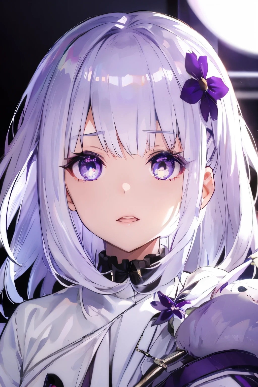  Young girl with purple white hair, , dark white, shiny, Light purple white eyes , Killer eyes , , cute little