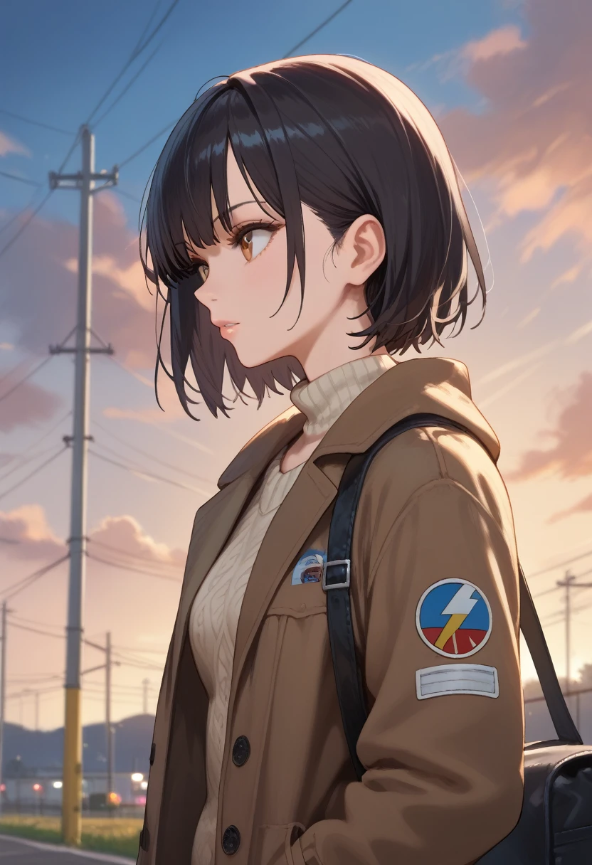 1girl,solo,outdoors,sky,power lines,utility pole,cloud,black hair,short hair,jacket,bangs,bag,blurry,sunset,upper body,blurry foreground,brown eyes,cloudy sky,looking afar,parted lips,closed mouth,evening,depth of field,looking away,sweater,long sleeves,coat,