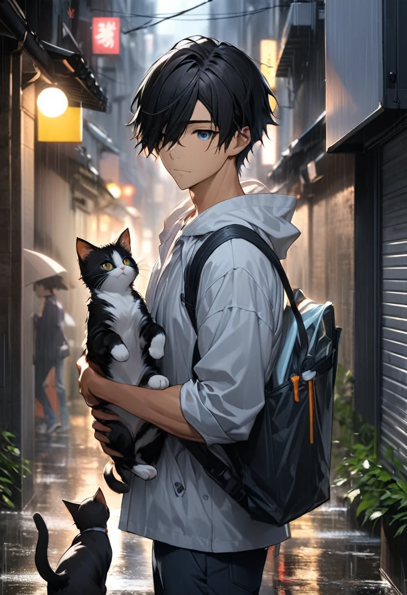 dark haired young man"Asuka" is a composition where she protects a kitten in the rain with a cleaning job in an unmanned alley, Composition of a young man ・Asuka , A composition of 2D digital art (( motion blur:3.0, background blur)),