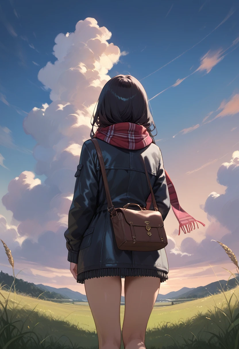 1girl,solo,sky,cloud,outdoors,scenery,black hair,grass,from behind,long hair,standing,cloudy sky,dark,hood,sunset,bag,jacket,night,scarf,long sleeves,facing away,