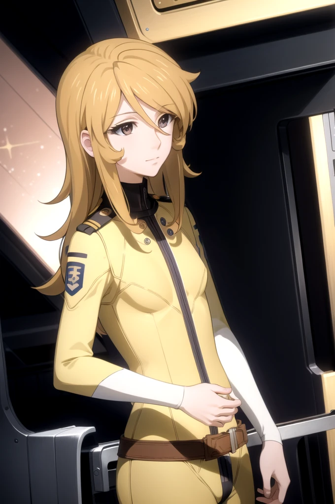 Best Quality, masterpiece,   Details,
Moriyuki,
Alone,  closed mouth, A light smile,
 blond hair, Long Hair,  Brown Eyes ,
Mori Bodysuit, Yellow Bodysuit, belt,
 standing ,  watching viewers, from back,
SF, cockpit, Starry Sky