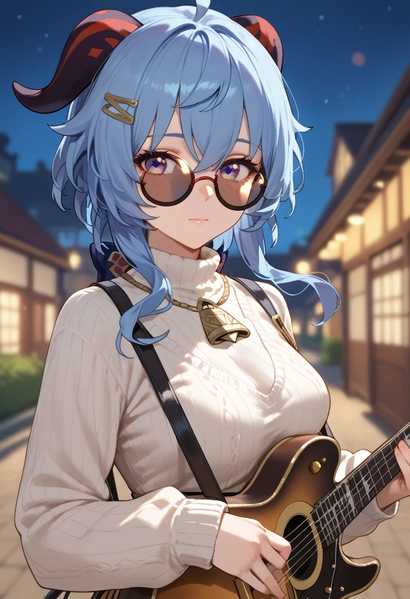 1girl,solo,looking at viewer,short hair,bangs,blue eyes,hair ornament,long sleeves,dress,holding,jewelry,closed mouth,blue hair,outdoors,glasses,solo focus,hairclip,necklace,blurry,sweater,night,depth of field,blurry background,turtleneck,sunglasses,instrument,round eyewear,guitar,tinted eyewear,holding instrument,bokeh,ganyu_(genshin_impact),