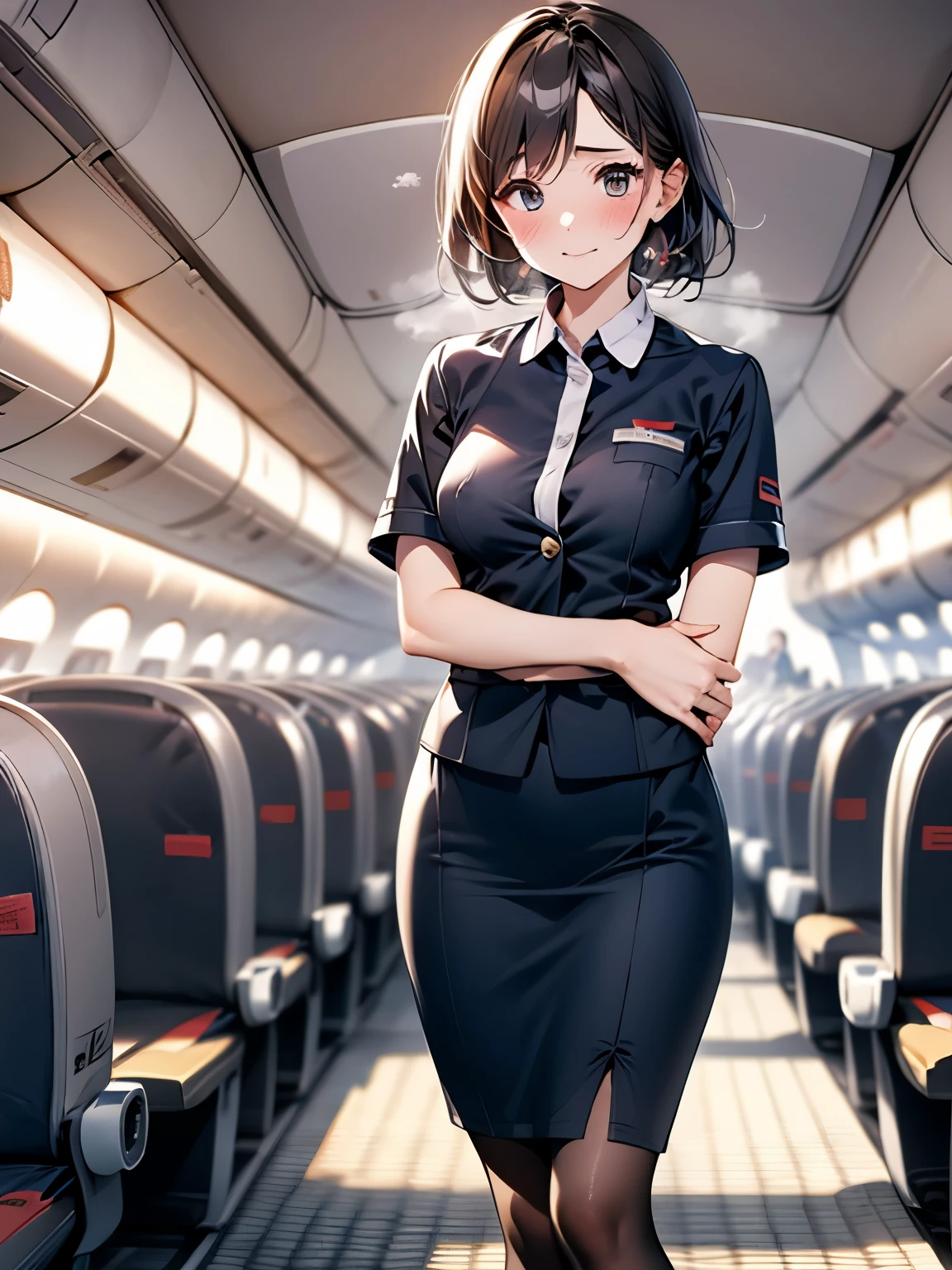 (1 person、Alone), Beautiful woman, high definitionの美しい黒い目、 anatomically perfect body , thin、 Stewardess、 flight attendants, (Japan Airlines uniform:1.3), (Pussy juice:1.1), ( lean forward、 look down:1.2), ( standing ), (Hands between legs :1.2)、20 years old、(Best Quality)、 Black Hair , ( half up ), Take a plane、(8k, high definition)、(shy:1.4)、Center of chest, (steam:1.1), ( embarrassing:1.3), Erect nipples、( wide shot), (Thighs)