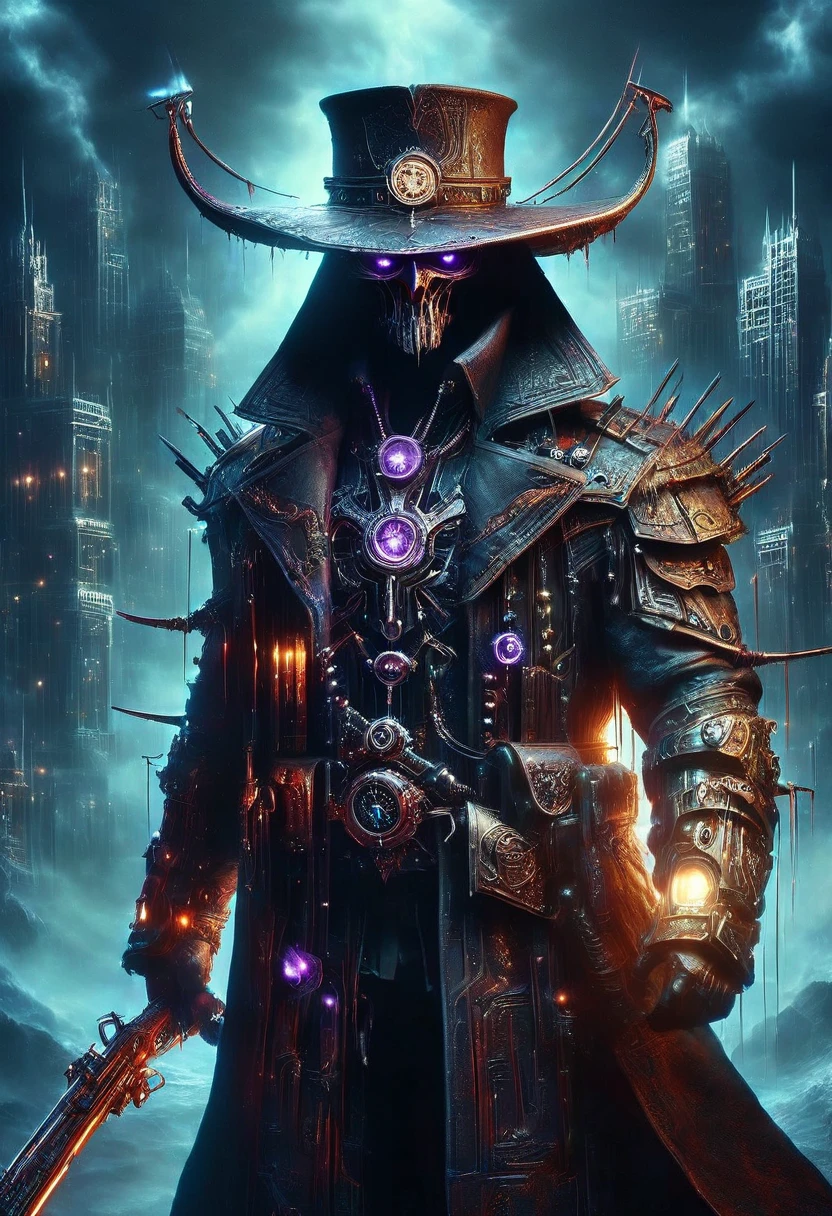 demon hunter, equipped with two pistols, with a large hat that partially covers his face, a masculine and battle-hardened man, wearing a long black trench coat, symbols of protection all over his body, purple glasses, pendants on his neck, rosary religious, ruthless and professional, work boots and an old watch in a pocket, in the background a city with a bell tower where the bells ring, dark atmosphere, 3d illustration, high quality, realistic and highly detailed, a masterpiece,Physically based representation，sosteniendo el arma con ambas manos，apuntar a ti