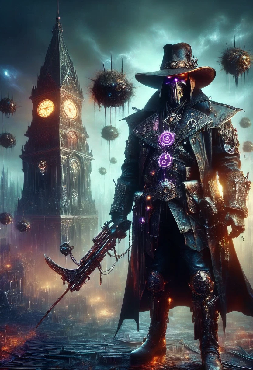 demon hunter, equipped with two pistols, with a large hat that partially covers his face, a masculine and battle-hardened man, wearing a long black trench coat, symbols of protection all over his body, purple glasses, pendants on his neck, rosary religious, ruthless and professional, work boots and an old watch in a pocket, in the background a city with a bell tower where the bells ring, dark atmosphere, 3d illustration, high quality, realistic and highly detailed, a masterpiece,Physically based representation，sosteniendo el arma con ambas manos，apuntar a ti