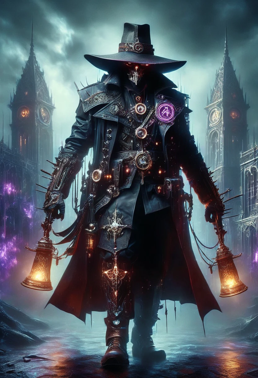 demon hunter, equipped with two pistols, with a large hat that partially covers his face, a masculine and battle-hardened man, wearing a long black trench coat, symbols of protection all over his body, purple glasses, pendants on his neck, rosary religious, ruthless and professional, work boots and an old watch in a pocket, in the background a city with a bell tower where the bells ring, dark atmosphere, 3d illustration, high quality, realistic and highly detailed, a masterpiece,Physically based representation，sosteniendo el arma con ambas manos，apuntar a ti