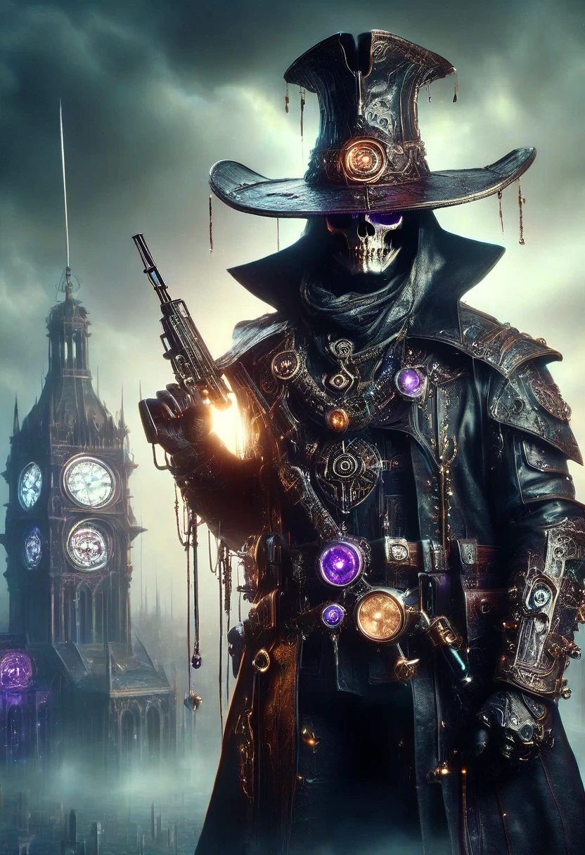 demon hunter, equipped with two pistols, with a large hat that partially covers his face, a masculine and battle-hardened man, wearing a long black trench coat, symbols of protection all over his body, purple glasses, pendants on his neck, rosary religious, ruthless and professional, work boots and an old watch in a pocket, in the background a city with a bell tower where the bells ring, dark atmosphere, 3d illustration, high quality, realistic and highly detailed, a masterpiece,Physically based representation，sosteniendo el arma con ambas manos，apuntar a ti