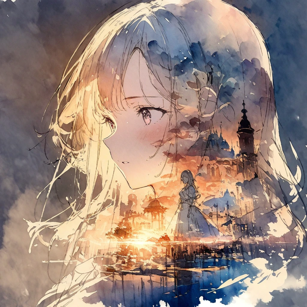 ((sketch:1.5)), ((watercolor:1)), Double Exposure of a Beautiful and Delicate Woman (The face is clear and perfect)image，Background、 Perfect Ultra Detailed Victorian Scenery , beautiful,  complicated illustration,  Artwork Concept Artwork, break,(The time when the purpose is clear is fulfilling),