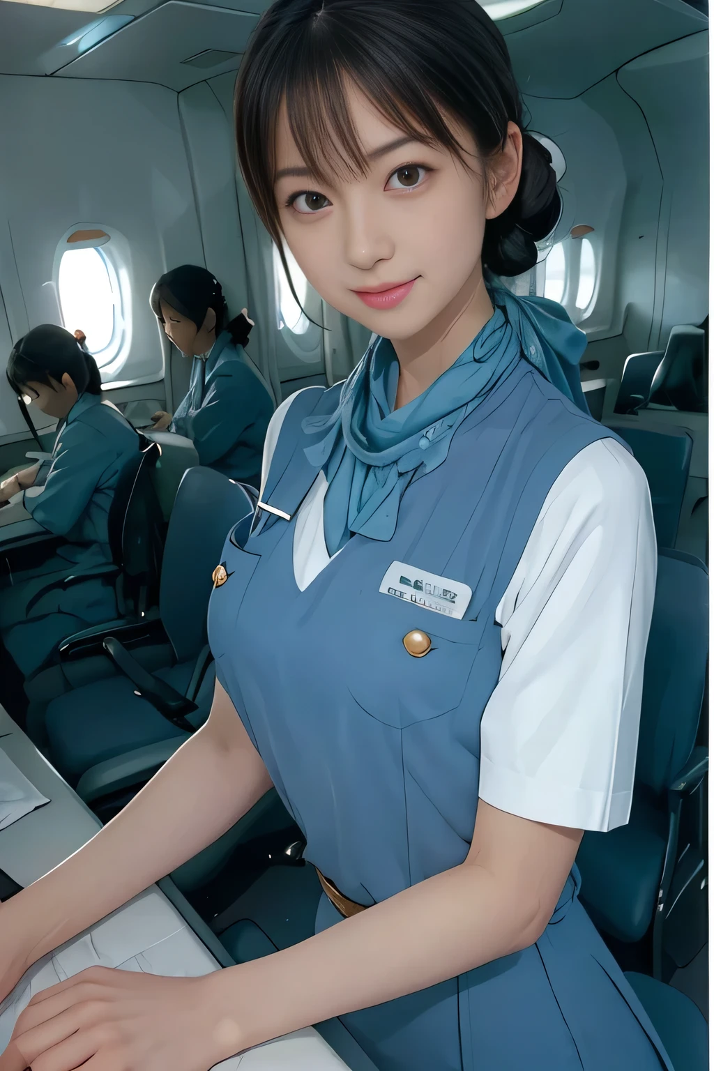 (masterpiece:1.2, Best Quality:1.2), 32kHDR,  high definition, (Alone、 1 girl)、（Rooftop of a building during the day、 Professional Lighting ）、Building rooftop background、（ Realistic Style Japan Air System Flight Attendant Uniform Blue ）、（（Japan Airlines System Flight Attendant Uniform Blue Jumper Skirt with Pockets and Buttons on Both Sides of Chest、 white short sleeve blouse  、 Light Blue Vest with Waist 、Scarf around the neck））、Dark brown hair、（Long Hair、Hair tied up、Hair tied up）、Dark brown hair、Long Hit、Big Breasts、Thin legs、（（Great hands：2.0）），（（ Harmonious Body Proportions ：1.5）），（（Normal limbs：2.0）），（（Usually refers to：2.0）），（（ Delicate Eyes ：2.0）），（（Normal eyes：2.0））)、smile、（Japan air system cabincrew uniform blueを見せた美しい立ち姿）、Hands crossed underneath 