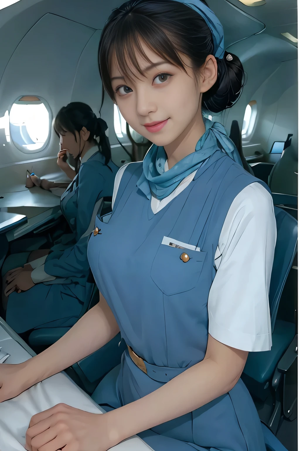 (masterpiece:1.2, Best Quality:1.2), 32kHDR,  high definition, (Alone、 1 girl)、（Rooftop of a building during the day、 Professional Lighting ）、Building rooftop background、（ Realistic Style Japan Air System Flight Attendant Uniform Blue ）、（（Japan Airlines System Flight Attendant Uniform Blue Jumper Skirt with Pockets and Buttons on Both Sides of Chest、 white short sleeve blouse  、 Light Blue Vest with Waist 、Scarf around the neck））、Dark brown hair、（Long Hair、Hair tied up、Hair tied up）、Dark brown hair、Long Hit、Big Breasts、Thin legs、（（Great hands：2.0）），（（ Harmonious Body Proportions ：1.5）），（（Normal limbs：2.0）），（（Usually refers to：2.0）），（（ Delicate Eyes ：2.0）），（（Normal eyes：2.0））)、smile、（Japan air system cabincrew uniform blueを見せた美しい立ち姿）、Hands crossed underneath 