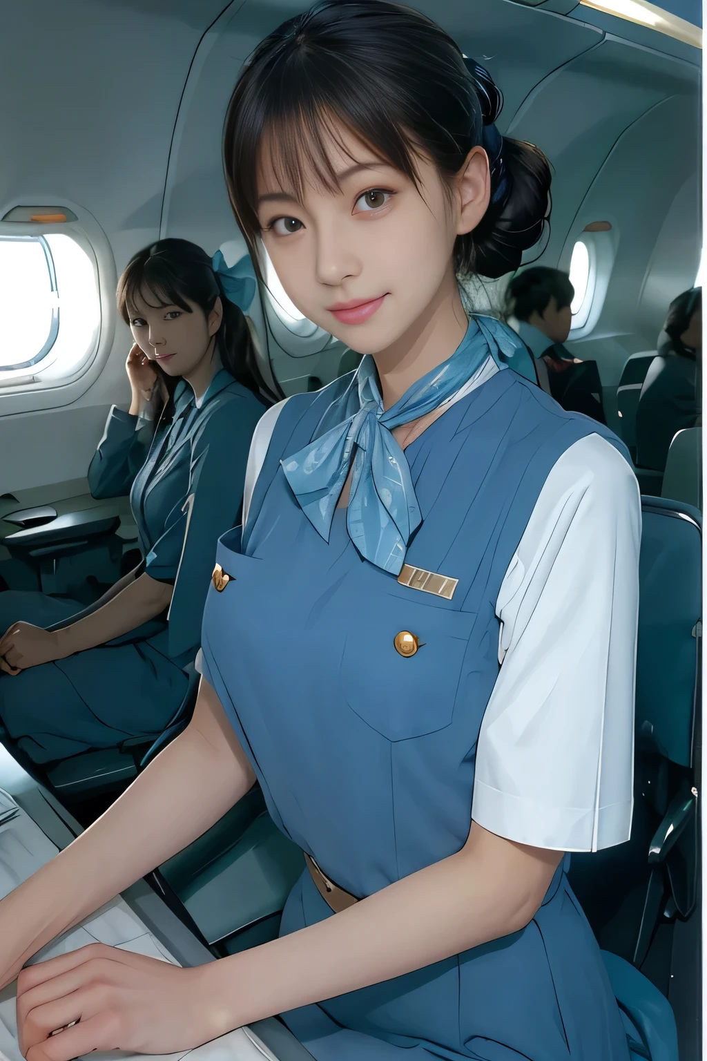 (masterpiece:1.2, Best Quality:1.2), 32kHDR,  high definition, (Alone、 1 girl)、（Rooftop of a building during the day、 Professional Lighting ）、Building rooftop background、（ Realistic Style Japan Air System Flight Attendant Uniform Blue ）、（（Japan Airlines System Flight Attendant Uniform Blue Jumper Skirt with Pockets and Buttons on Both Sides of Chest、 white short sleeve blouse  、 Light Blue Vest with Waist 、Scarf around the neck））、Dark brown hair、（Long Hair、Hair tied up、Hair tied up）、Dark brown hair、Long Hit、Big Breasts、Thin legs、（（Great hands：2.0）），（（ Harmonious Body Proportions ：1.5）），（（Normal limbs：2.0）），（（Usually refers to：2.0）），（（ Delicate Eyes ：2.0）），（（Normal eyes：2.0））)、smile、（Japan air system cabincrew uniform blueを見せた美しい立ち姿）、Hands crossed underneath 