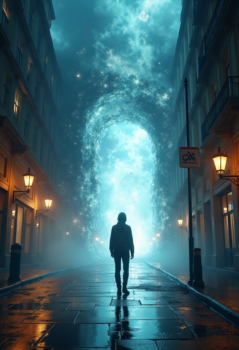  If you turn that corner, you'll enter a different dimensional world、Double exposure 、 overlaps the current street corner with a mysterious street corner 、 sophisticated design 、 advanced lighting technology 、8k Quality、Live-action photos、Artwork