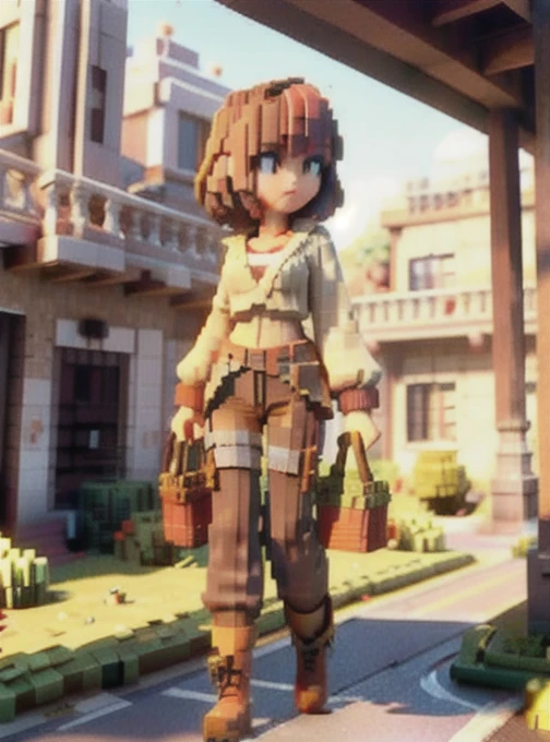 masterpiece,best quality,(ray tracing,cinematic lighting),sunlight,, depth of field
(3d pixel art:1.5), (vpa:1.5), Voxel,,  (minecraft:1.3),
1girl, thighhighs, solo,puffy breasts, brown eyes, black legwear, brown cargo pants, military boots, wrist cuffs, cleavage, looking at viewer, black nails, frills, dark grey wool sweater, short shaggy brown hair, glasses, character name, nail polish, closed mouth, enmaided, bangs, french braid, small breasts, hair ribbon, eyebrows visible through hair, 