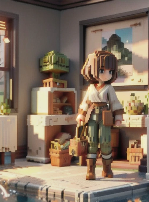 masterpiece,best quality,(ray tracing,cinematic lighting),sunlight,, depth of field
(3d pixel art:1.5), (vpa:1.5), Voxel,,  (minecraft:1.3),
1girl, thighhighs, solo,puffy breasts, brown eyes, black legwear, brown cargo pants, military boots, wrist cuffs, cleavage, looking at viewer, black nails, frills, dark grey wool sweater, short shaggy brown hair, glasses, character name, nail polish, closed mouth, enmaided, bangs, french braid, small breasts, hair ribbon, eyebrows visible through hair, 