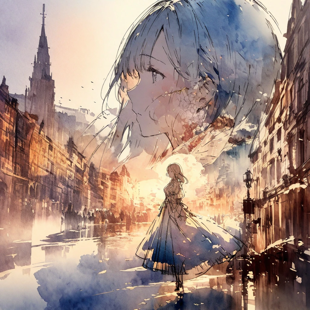 ((sketch:1.5)), ((watercolor:1)), Double Exposure of a Beautiful and Delicate Woman (The face is clear and perfect)image，Background、 Perfect Ultra Detailed Victorian Scenery , beautiful,  complicated illustration,  Artwork Concept Artwork, break,(The time when the purpose is clear is fulfilling),