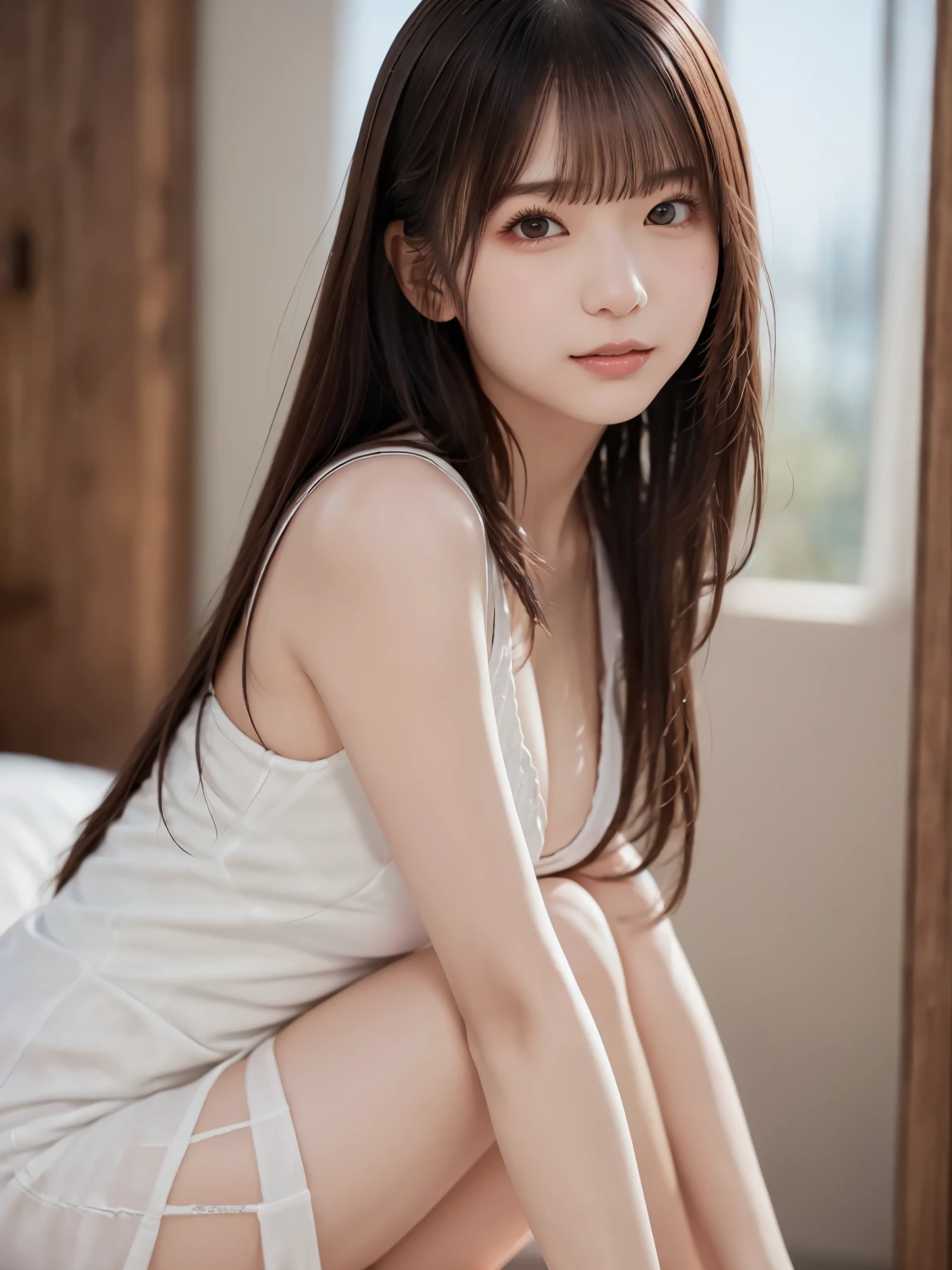  white shirt 、Complex and beautiful eyes、woman、 womanらしい黒髪、(Long and beautiful legs : 1.5), (one piece : 1.6), (Delicate and realistic hair、１Realistic hair)、bangs、 naturally colored lips、smile、((White Indoor))、((18歳woman:1.2))、 young and adorable Japanese faces, Official Art， very detailedなCGユニティ8Kの壁紙，（masterpiece:1.0),(Best Quality:1.0), 超 high definition,4K, very detailed, photo shoot, 8k, NFFSW,  high definition, Kodak Portra 400,  film grain,  lens flare glow ,高いest quality,8k,NFFSW:1.2),  Portrait Shot ,8k、 viewer, (((Front View))), (((Front View))), ((facing))、 body facing forward、Bold cleavage、 tight chest、 small face, Best Quality、 Super beautiful images、 upper body、stand up