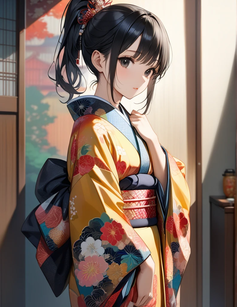 (masterpiece),(Best Quality),( very detailed),( Best Illustration),( best shadow ),( Disorganized ),( detailed background),( so beautiful), 
 ponytail,  Black Hair ,  Black Eyes 、Shiny Colors,kimono,Japan, background blur, Focus on the face、whole body、Real Skin,Small breasts、