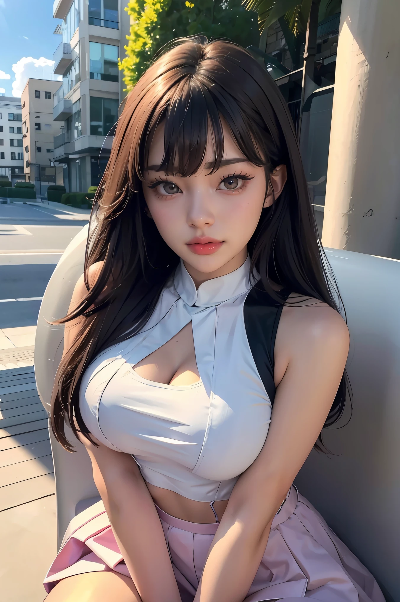 masterpiece, best quality, eyeliner, eyeshadow, looking at viewer, curvy, (full body shot) of (dollienobodysd15:0.8) wearing (party clothing:1.2), 1girl, solo, long hair, soft breasts, smirk, sleeveless, bangs, blush, clothing cutout, long hair, shiny skin, outdoors seat in the square, cloudy sky, upper body, ultra-detailed, illustration, 