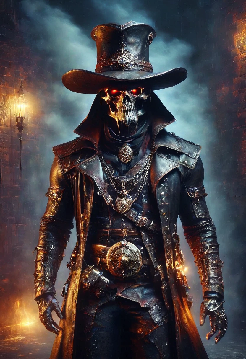 demon hunter, equipped with two pistols, with a large hat that partially covers his face, a masculine and battle-hardened man, wearing a long black trench coat, symbols of protection all over his body, purple glasses, pendants on his neck, rosary religious, ruthless and professional, work boots and an old watch in a pocket, in the background a city with a bell tower where the bells ring, dark atmosphere, 3d illustration, high quality, realistic and highly detailed, a masterpiece,Physically based representation，sosteniendo el arma con ambas manos，apuntar a ti