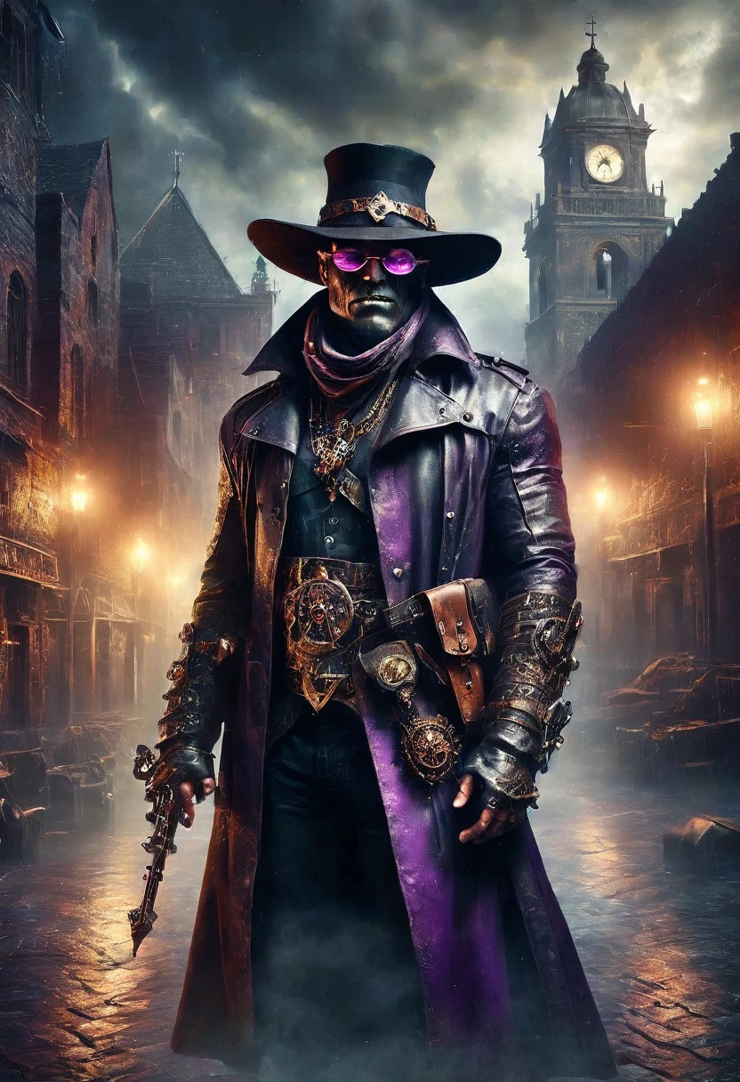 demon hunter, equipped with two pistols, with a large hat that partially covers his face, a masculine and battle-hardened man, wearing a long black trench coat, symbols of protection all over his body, purple glasses, pendants on his neck, rosary religious, ruthless and professional, work boots and an old watch in a pocket, in the background a city with a bell tower where the bells ring, dark atmosphere, 3d illustration, high quality, realistic and highly detailed, a masterpiece,Physically based representation，sosteniendo el arma con ambas manos，apuntar a ti