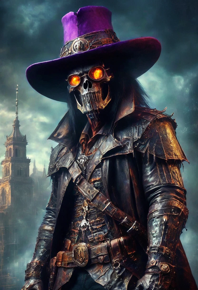 demon hunter, equipped with two pistols, with a large hat that partially covers his face, a masculine and battle-hardened man, wearing a long black trench coat, symbols of protection all over his body, purple glasses, pendants on his neck, rosary religious, ruthless and professional, work boots and an old watch in a pocket, in the background a city with a bell tower where the bells ring, dark atmosphere, 3d illustration, high quality, realistic and highly detailed, a masterpiece,Physically based representation，sosteniendo el arma con ambas manos，apuntar a ti