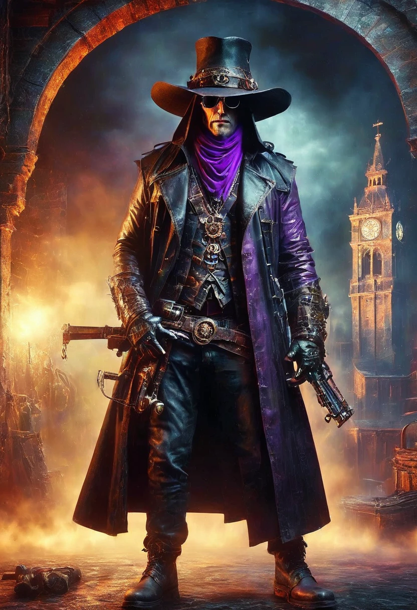 demon hunter, equipped with two pistols, with a large hat that partially covers his face, a masculine and battle-hardened man, wearing a long black trench coat, symbols of protection all over his body, purple glasses, pendants on his neck, rosary religious, ruthless and professional, work boots and an old watch in a pocket, in the background a city with a bell tower where the bells ring, dark atmosphere, 3d illustration, high quality, realistic and highly detailed, a masterpiece,Physically based representation，sosteniendo el arma con ambas manos，apuntar a ti