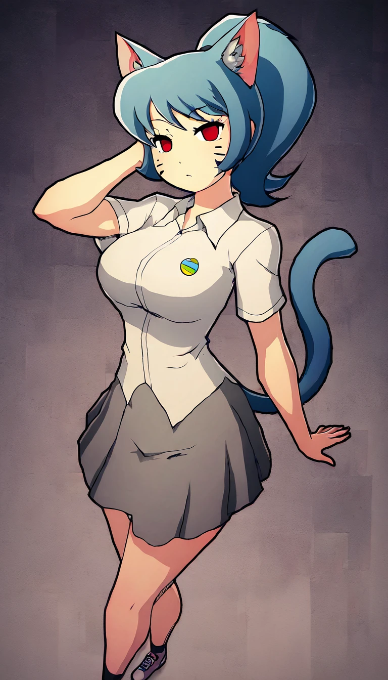 mike inel style, nicole watterson, 1girl, cat tail, cat ears, large breast, ponytail, blue hair, red eyes, facial mark, white collared shirt, grey skirt, standing, full body, masterpiece, best quality, very aesthetic, highres, absurdres, sensitive