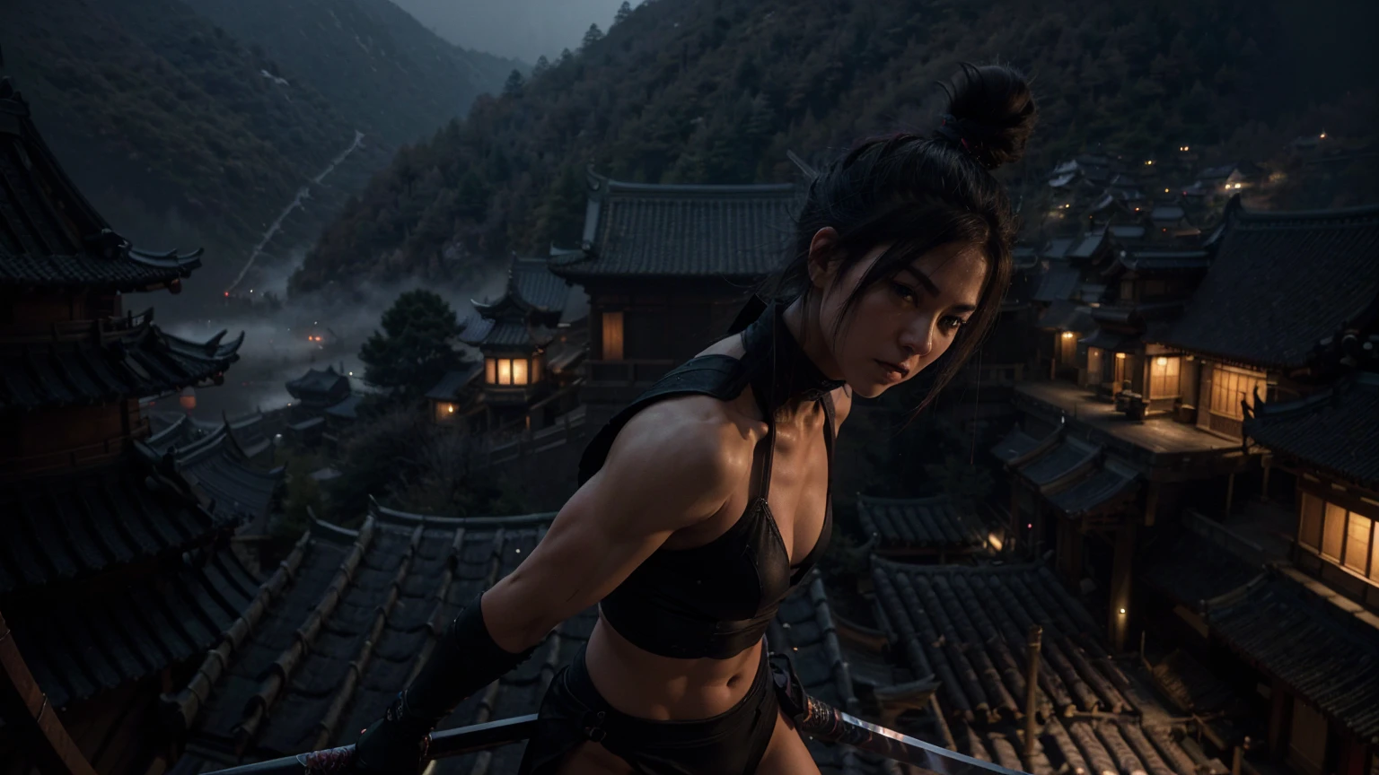 a highly muscular female ninja with 1 katana, the upper coltes are made of net. naked thorso, detailed abs and muscles, dark outfit, serious expression, glowing katana blade, dynamic action pose, on a chinese ancient roof, in a misty olde chines village at night dark moody lighting, cinematic angle, hyperrealistic, digital art, illustration