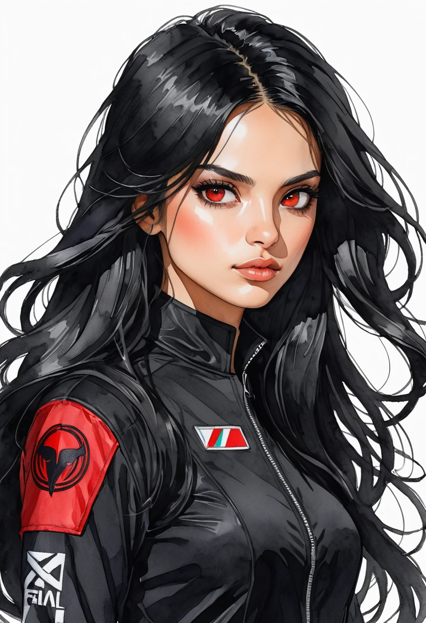 Masterpiece, ultra detailed, close-up portrait, solo, 1girl, w3dn3sday, Latina, long hair, black hair, thin and athletic, red eyes, small frekles, wearing black jumpsuit, art by Enki Bilal, watercolor, DeviantArt, high resolution, white background, simple background 