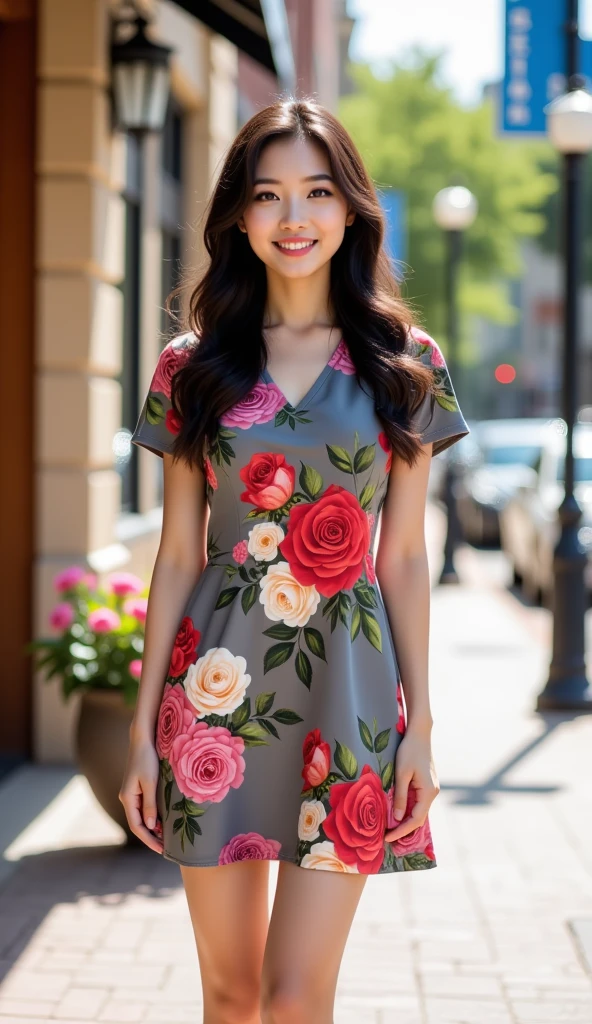 This is a high-resolution photograph featuring a young Asian woman standing outdoors on a sunlit sidewalk. She has long, wavy dark brown hair cascading over her shoulders and is smiling brightly, exuding a cheerful and approachable demeanor. She is wearing a short-sleeved, knee-length dress in a muted gray color adorned with a vibrant floral print. The dress is predominantly covered in large, vivid red roses interspersed with white and pink roses, along with green leaves, creating a striking contrast against the gray fabric. Her skin is fair, and she is wearing minimal makeup, emphasizing her natural beauty. 

The background shows a slightly blurred urban setting with a beige building to the left, featuring a large wooden door, and a lamppost with a blue sign on the right. The sidewalk is paved with light-colored bricks, and there is a potted plant with pink flowers in the foreground to the right. The overall atmosphere is bright and cheerful, suggesting a pleasant day in an urban environment. The image captures the essence of a casual yet stylish summer outfit, highlighting the woman's confident and approachable personality.