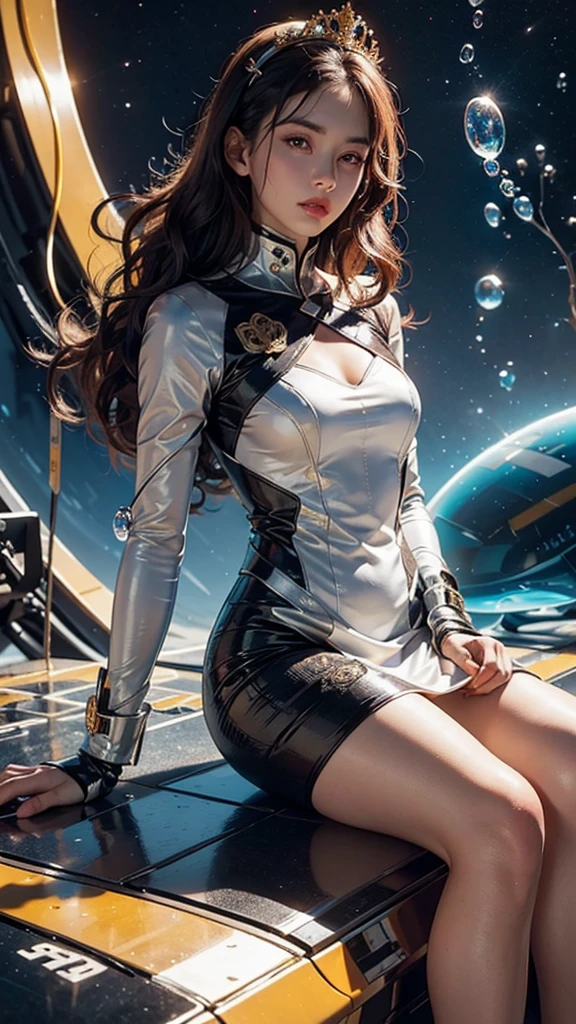  Long White Flowing ， Elegant Beauty ，（ Sitting Alone in the Space Capsule ：1.5）， Surrealism ， Neon Genesis Evangelion Mecha Suit ， Sci-fi Style Beauty ，Cyberpunk machines， The image is highly detailed ，Ingenious Composition ， perfect skin， Sparkling Details and Elegant Poses，Warm colors， Abstract Zentangle Elements ，32K（ masterpiece ，HD，Ultra HD，32K）Balls head curly hair，flowing bubble，universe，bloom， Asian beauty （Colorful bubbles）， Fighting Stance， Looking at the ground，Crystal tiara，  Chinese Long Sleeve Black Gold Dress ， bubble（ realistic ：1.4）， high resolution ， 细节，  original photo， Rich Colors ,  Super Realistic Textures ,， dramatic lights ，