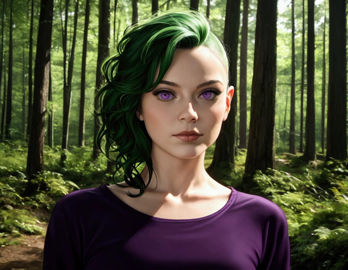 ratte867, 1girl, solo, (forest green hair:1.2), Asymmetrical haircut, (violet clothes:1.2) masterpiece, best quality, photorealistic, realistic, (RAW photo, 8k uhd, film grain), caustics, subsurface scattering 