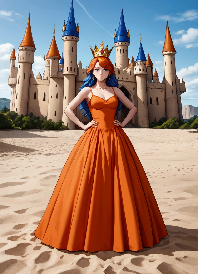 masterpiece, best quality, solo, 1girl, orange hair, blue hair, :D, orange dress, looking at viewer, outdoors, sand, sand dunes, huge castle, crown, standing, full body, cowboy shot, hands on hips, 