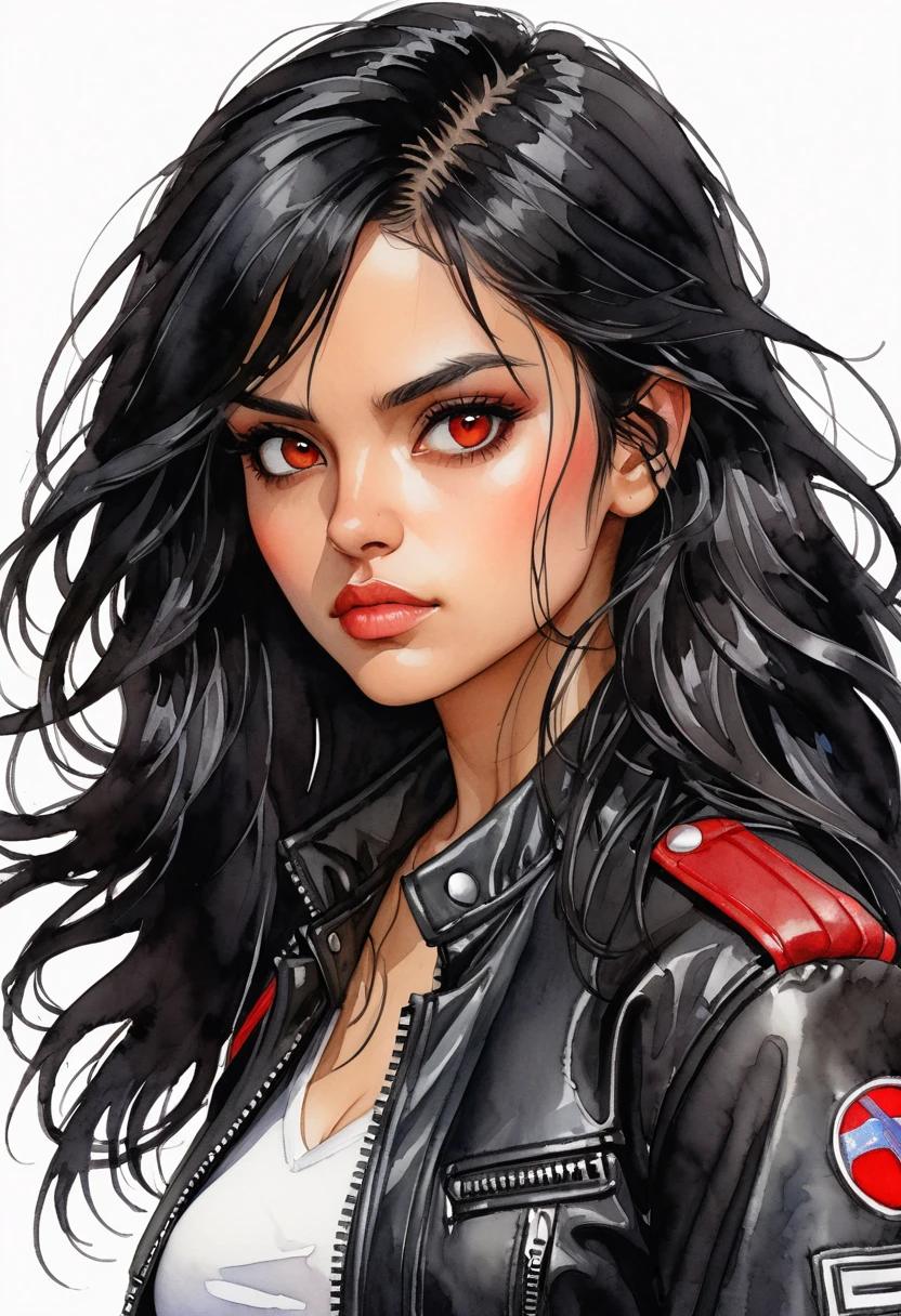 Masterpiece, ultra detailed, close-up portrait, solo, 1girl, w3dn3sday, Latina, long hair, black hair, thin and athletic, red eyes, small frekles, wearing black leather jacket, art by Enki Bilal, watercolor, DeviantArt, high resolution, white background, simple background 