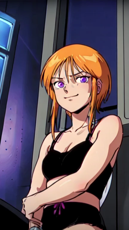 nsfw、solo、masterpiece, high quality, Ultra HD, high definition、1 girl,Ple Two、1990s Style、 short stature 、short hair, orange hair,bangs,short hair with long locks, side lock, hair between eyes ,Light purple pale eyes、 is short、colorful silk bra、colorful silk panties、 looking over here、Smirking eyes、Slanted Eyes、True Face、Close-up、toilet、 normal breasts、 slender, sitting、Handjob、 fellatio、 penis、 has a dildo in his hand、looking at viewer、 neon colored lights to open lips vertically、 angle looking up from below