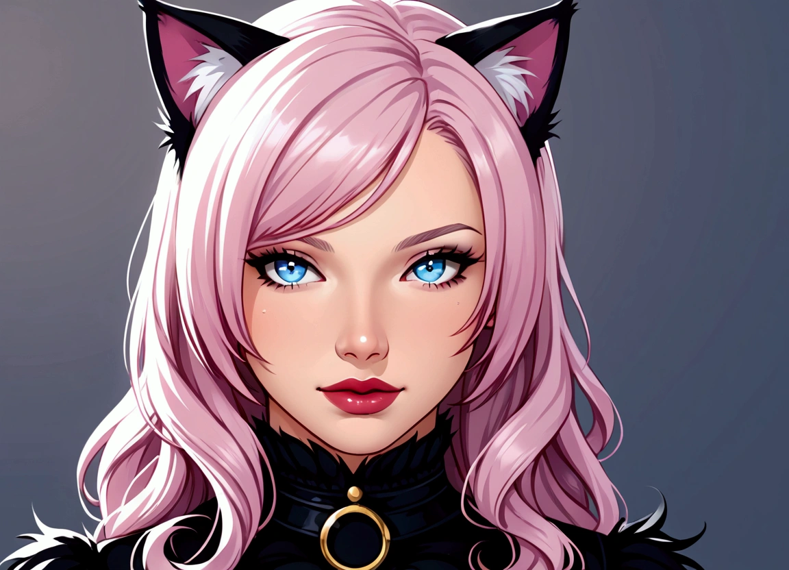 Girl with cat, black cat, pink hair blue eyes, avatar