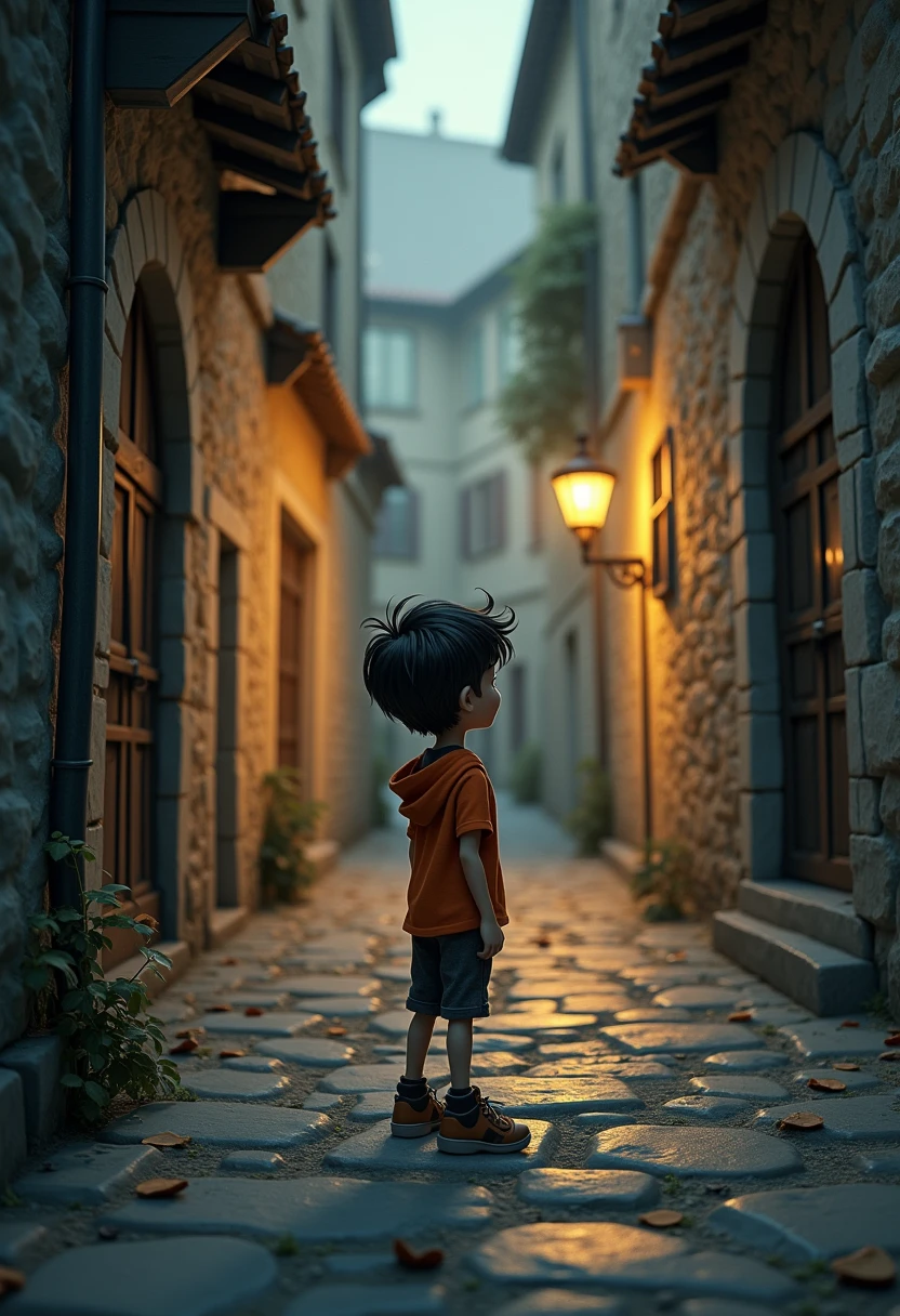 3D Animation、 a boy wondering whether to turn an old stone street corner、Right or left ？Mysterious Alley、 surrealism、Comical drawing、 Draw Whitish with Subdued Colors 、Sepia Tone、 sophisticated design 、 advanced lighting technology 、8k Quality