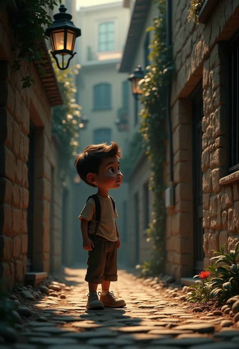 3D Animation、 a boy wondering whether to turn an old stone street corner、Right or left ？Mysterious Alley、 surrealism、Comical drawing、 Draw Whitish with Subdued Colors 、Sepia Tone、 sophisticated design 、 advanced lighting technology 、8k Quality