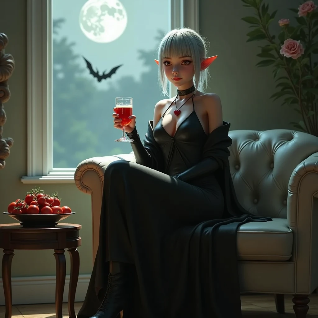 Super realistic illustration, Cinema 4D rendering. 1 elven lady, solo, detail teeth, detail eyes, beautiful eyes, full body, holding a Tumbler Glass of deep red drink, A bowl piled high with mini tomatoes on the side table, sitting on a sofa and relaxing, Smiling with long cuspids showing, blunt bangs, silver Hair, slightly glowing red eyes, Pointy Ears, black choker and red heart necklace, black long Halter neck dress with cloak, Medieval dress, bare shoulder, black high heel boots, indoor, The bright moonlight shines through the window, flying bat in the full moon night