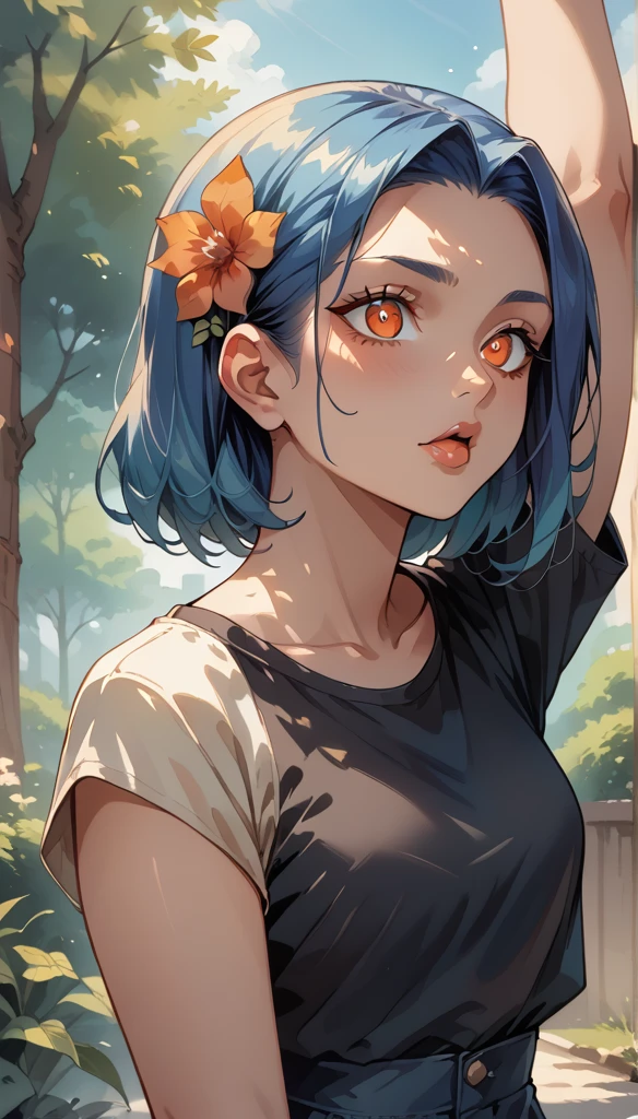  a girl, Alone,  Cabelo Mizura, blue hair,  big boobs, Disobedient, Stretching the tongue,  twinkling pupils, orange eyes, full lips,black blouse neckline , projected shade , Pillarboxed, halftone, outdoor, hair flower,  high resolution , anatomically correct, best quality,  tall details,  Super detail, 