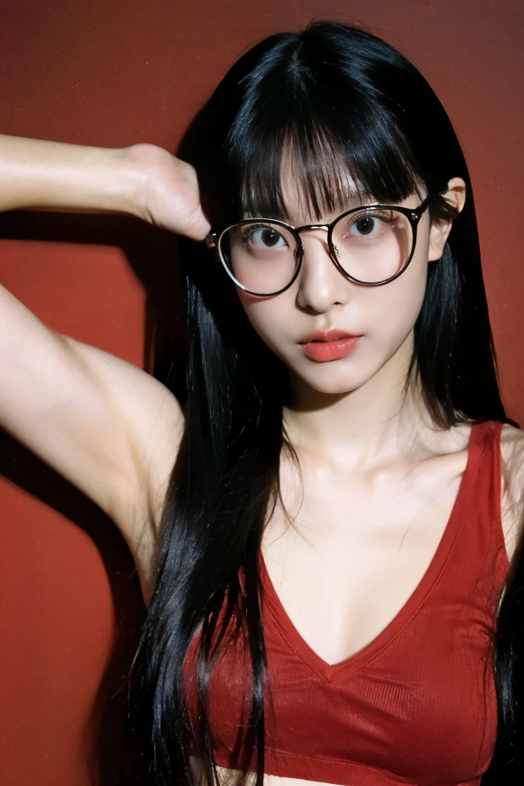 cute face, STANDING, (highres,masterpiece:1.2),ultra-detailed,realistic,professional, Beautiful body、Abdominal muscles,beautiful detailed eyes,beautiful detailed lips,dark hair,LONG black hair WITH BANG,red glasses,stunning black eyes,clear skin,18-year-old girl,fashionable LONG HAIR style WITH BANG,vibrant red glasses,Shinobi Academy,fierce determination,confident posture,crimson outfit, background filled with ninjutsu techniques,shadows cleverly accentuating her features,subtle studio lighting,sublime realism,striking color tones, arm up, dynamic pose, medium breasts,