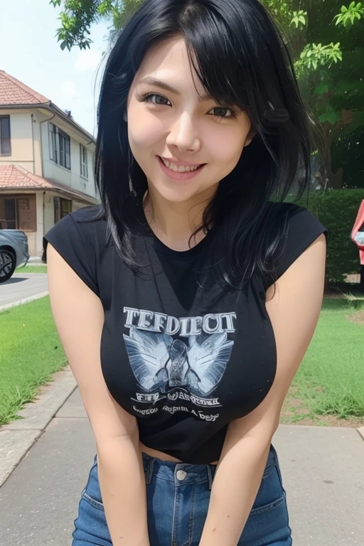 Perfect Beautiful Girl , Adorable Face , She is Indonesian idol , Bright Skin , Brown Eye , Puffed Breast , wearing casual clothes , tight t-shirt and skinny jeans, 30 Years Old , fuckable , black long Hair , HDR , realphoto, realistic, Extreme Detailed , perfect anatomy , outdoor 