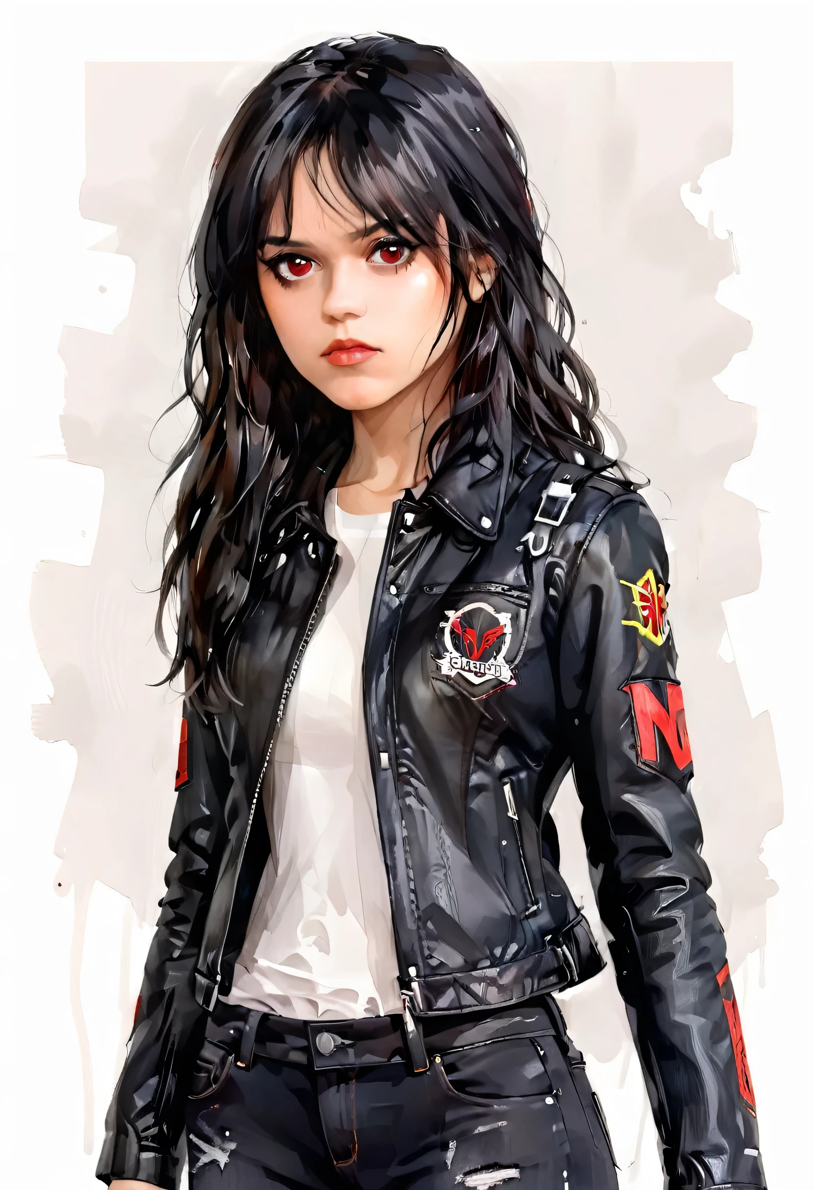 Masterpiece, ultra detailed, portrait, solo, 1girl, w3dn3sday, Latina, long hair, black hair, thin and athletic, red eyes, small frekles, wearing black leather jacket, jeans, art by Enki Bilal, watercolor, DeviantArt, high resolution, white background, simple background 