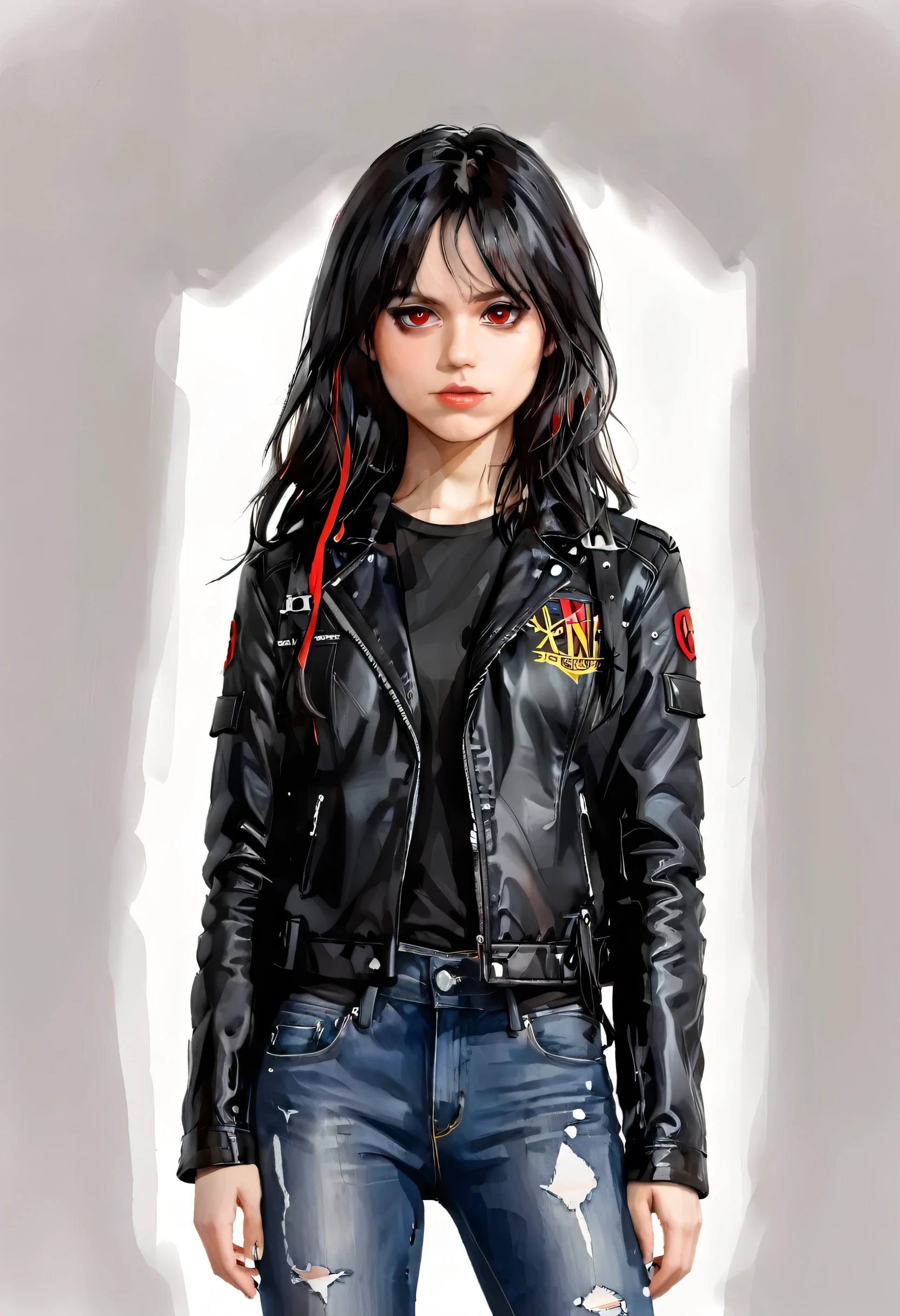 Masterpiece, ultra detailed, portrait, solo, 1girl, w3dn3sday, Latina, long hair, black hair, thin and athletic, red eyes, small frekles, wearing black leather jacket, jeans, art by Enki Bilal, watercolor, DeviantArt, high resolution, white background, simple background 