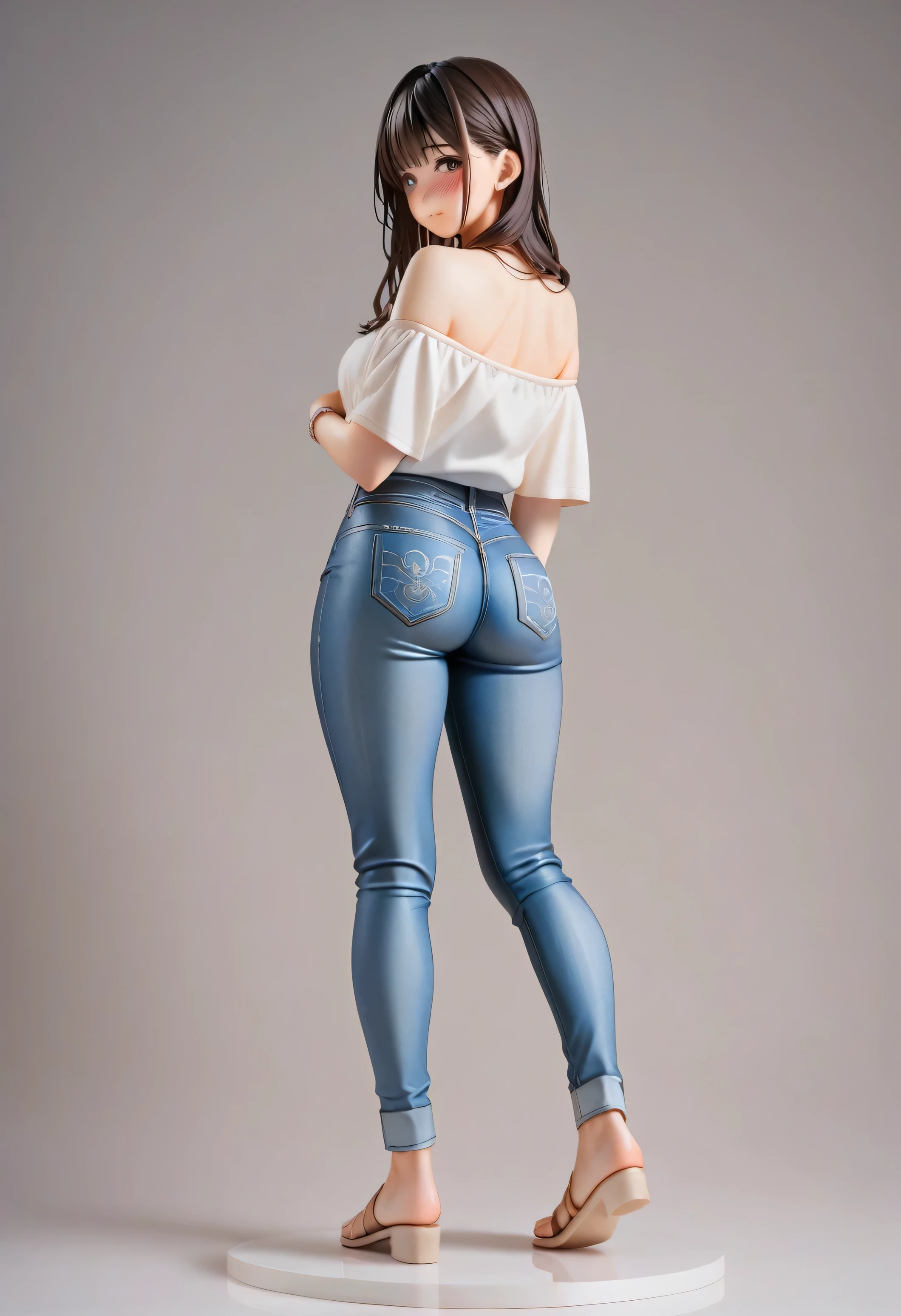 masterpiece, best quality, high resolution, beautiful ass, full blush, looking back, denim jeans, a girl, anime, asian girl, full body